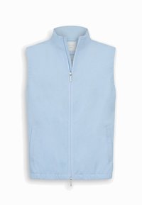 Hellblaues ärmelloses Weste mit Frontreißverschluss, Stehkragen, elastischem Saum und zwei Seitentaschen.
