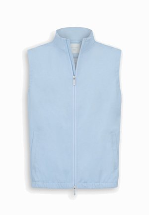 Hellblaues ärmelloses Weste mit Frontreißverschluss, Stehkragen, elastischem Saum und zwei Seitentaschen.