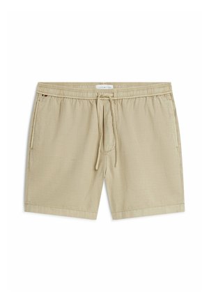 Pantaloncini casual beige da uomo con vita elasticizzata e coulisse, tasche laterali e discreta etichetta del marchio in vita.