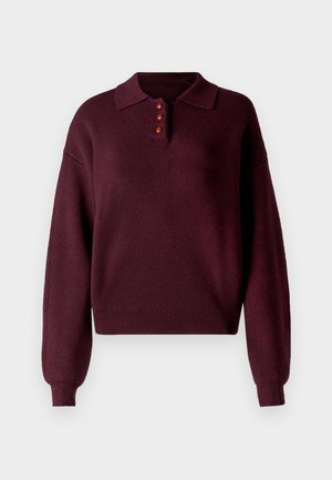 Bordeaux gebreide pullover met een kraag, een knoopsluiting met drie knopen, lange mouwen en ribgebreide manchetten en onderkant.