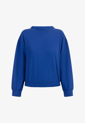 Blue sweatshirt with a round neckline, long sleeves, elasticated hem, and smooth texture. Features wide cuffs and minimalist design.