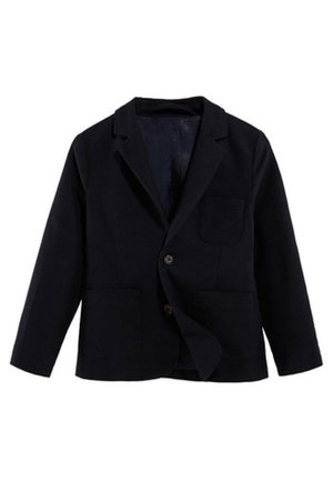 Blazer bleu marine en tissu texturé avec une poche unique, deux poches à l'avant et deux boutons sur le devant. Présente une coupe ajustée.