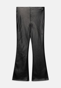 Black flared pants made of faux leather. Smooth texture with seam detailing and a slight sheen. Features a waistband with a small logo accent.