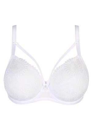 Sujetador blanco con patrón de encaje floral, soporte con aros y tirantes ajustables. Presenta un acento decorativo central y tejido suave.