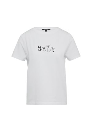Witte katoenen T-shirt met een losse pasvorm, met vijf zwarte dierenillustraties op de borst, waaronder een vlinder en een hond.