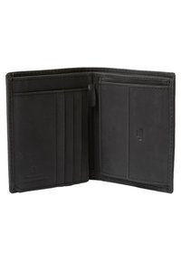 Black leather wallet with a zipper compartment, multiple card slots, and a smooth texture. Features embossed branding on the bottom.