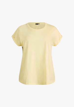 Žluté tričko s krátkými rukávy z měkké látky. Má kulatý výstřih a ohrnuté manžety, volný střih a hladkou texturu.