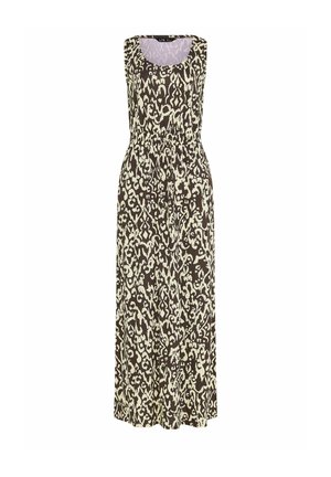 Sukienka maxi bez rękawów z czarno-beżowym abstrakcyjnym zwierzęcym wzorem i marszczonym, elastycznym pasem.
