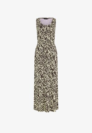 Hihaton maksimekko, jossa musta-beige abstrakti eläinkuosi ja kerrostettu joustava vyötärö.