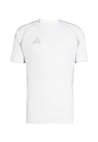 T-shirt sportivo bianco a maniche corte, con inserti grigi sulle spalle e sui lati, realizzato in materiale leggero e traspirante.