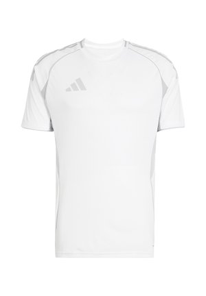 Weißes sportliches T-Shirt mit kurzen Ärmeln, das graue Details an den Schultern und Seiten aufweist und aus leichtem, atmungsaktivem Material gefertigt ist.