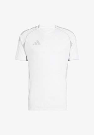 Witte sportieve t-shirt met korte mouwen, voorzien van grijze accenten op de schouders en zijkanten, gemaakt van lichtgewicht, ademend materiaal.
