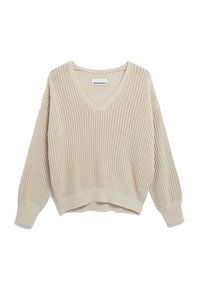 Beige knitted sweater featuring a V-neck, ribbed texture, and long sleeves with a cropped fit. Label visible inside neckline.