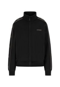 Giacca nera con zip realizzata in tessuto liscio, caratterizzata da un colletto alto, polsini a coste e un logo metallico con accenti ornamentali lungo le maniche.