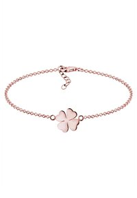 Armbänder in Roségold mit einer zarten Kette, die einen Glücksklee-Anhänger trägt. Der Anhänger hat eine glatte, glänzende Oberfläche. Mit Karabinerverschluss.