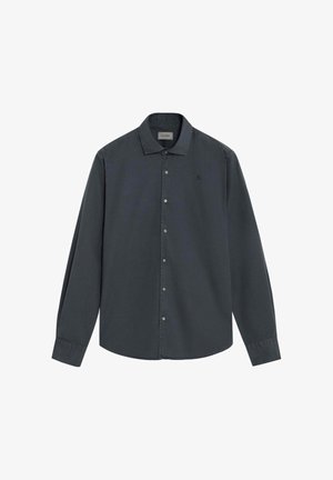 Dunkelgraues, langärmliges Hemd mit Knöpfen, klassischem Kragen und dezentem gesticktem Logo auf der linken Brust.