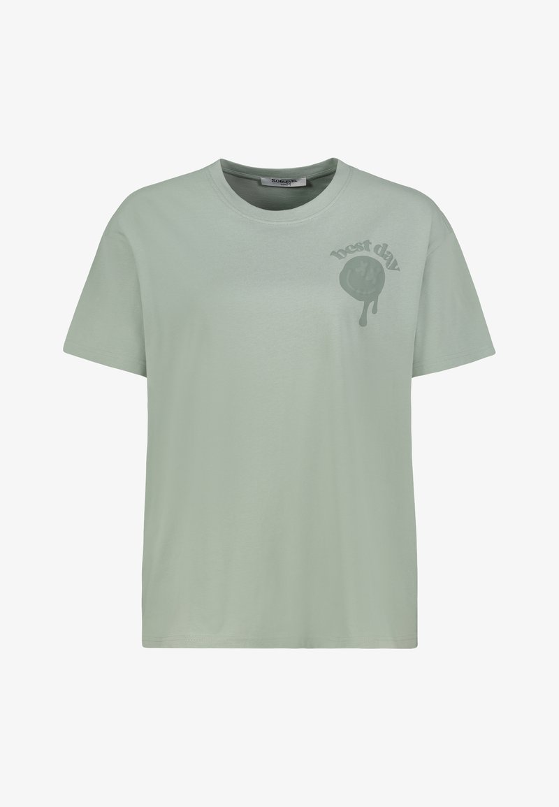 Light green cotton t-shirt with short sleeves, round neckline, and "best day" print featuring a smiling face in a circular design on the chest.
