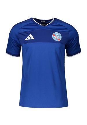 Maglia da calcio blu con logo Adidas bianco sul petto destro e stemma del Racing Club de Strasbourg Alsace sul petto sinistro, maniche corte e colletto con bordino bianco.