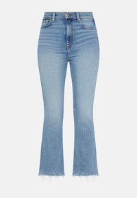 Jeans flared in denim azzurro chiaro con vita alta, caratterizzati da orlo sfrangiato e leggere scoloriture. Design classico a cinque tasche con bottone e zip frontali.