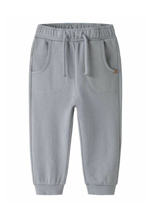 Lysegrå sweatpants til småbørn med elastik i taljen, snøre, frontlommer og ribkant ved anklerne.