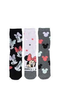 Tre paia di calzini: neri con facce di Minnie Mouse, rosa pastello con pois e grigi con silhouette e colori di Topolino.