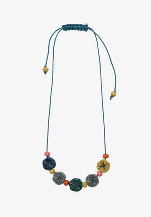Multi-colored necklace featuring geometric beads in teal, blue, green, yellow, orange, and pink on a blue cord, adjustable with knots.