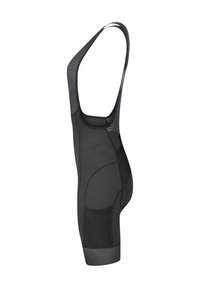Black cycling bib shorts with a fitted design, shoulder straps, and textured panels. Features a smooth finish and reinforced leg openings.