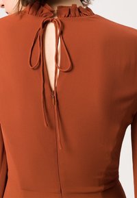 Takaa katsottuna henkilö, joka on pukeutunut ruosteenväriseen vaatteeseen, jossa on röyhelökaulus, sidottavat hihnat ja pystysuora vetskari.