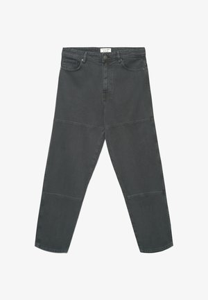 Ciemnoszare dżinsy z denimu o prostym kroju, z kontrastowymi przeszyciami, dwoma przednimi kieszeniami i szwem w kształcie yoke na udach.