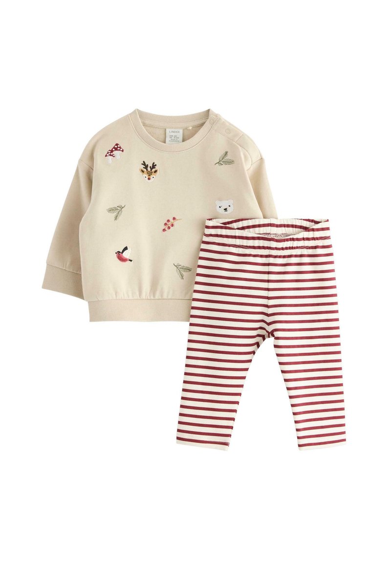 Beige sweatshirt with various embroidered animal motifs and matching red and white striped leggings. Soft fabric, relaxed fit, elastic waistband.