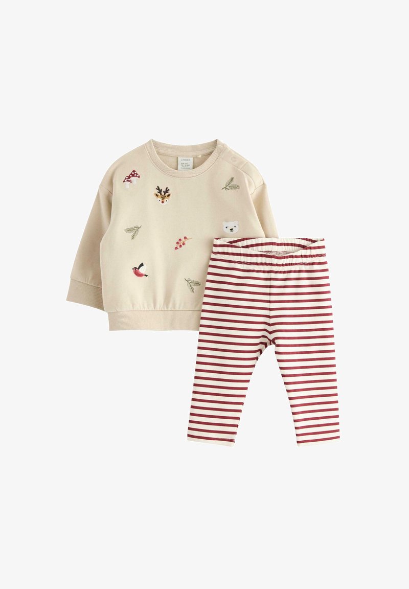 Beige sweatshirt with various embroidered animal motifs and matching red and white striped leggings. Soft fabric, relaxed fit, elastic waistband.