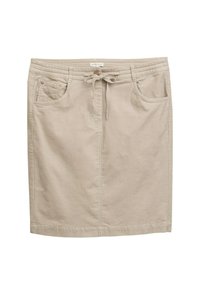 Jupe en denim beige avec une taille à cordon de serrage, deux poches avant et une coupe droite. Présente une texture subtile et des détails de couture.