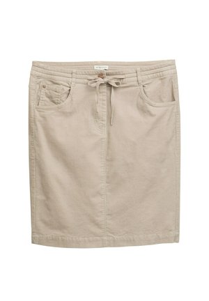 Jupe en denim beige avec une taille à cordon de serrage, deux poches avant et une coupe droite. Présente une texture subtile et des détails de couture.