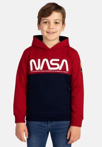 Felpa con cappuccio rossa e blu navy con logo "NASA" in bianco, caratterizzata da un patch colorato sul maniche e polsini a coste all'orlo.