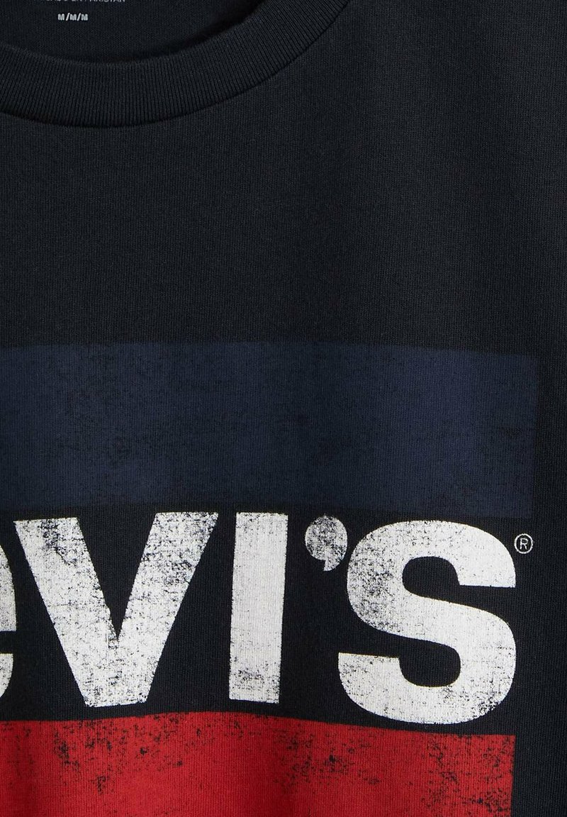 Tela negra con un logo descolorido de Levi's en letras blancas sobre franjas horizontales azul oscuro y rojo.