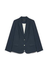 Námořnický modrý blazer s strukturovaným povrchem, zdobený stříbrnými tečkami, s klopami, dvěma předními kapsami a zapínáním na jeden knoflík.