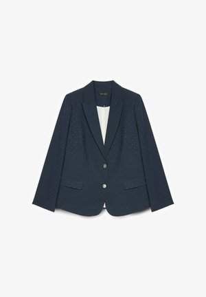 Marineblaues Sakko mit strukturiertem Material, mit silbernen Punktakzenten, Revers, zwei Vordertaschen und einer Druckknopfverschluss.