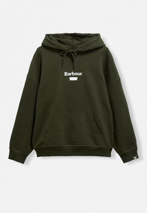 Olive green hooded sweatshirt with a kangaroo pocket, drawstring closure, and white "Barbour" logo on the chest. Soft fabric texture.