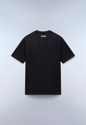 Zwarte katoenen t-shirt met korte mouwen, ronde hals en een klein logo label op de bovenrug. Gladde textuur en klassieke pasvorm.