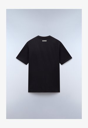 Black cotton t-shirt with short sleeves, crew neck, and a small logo label at the upper back. Smooth texture and classic fit.