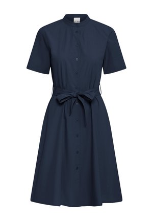 Laivastonsininen lyhythihainen mekko mandariinikauluksella, edessä napit ja sidottava vyötärövyö, polvipituinen ja yksivärinen malli.