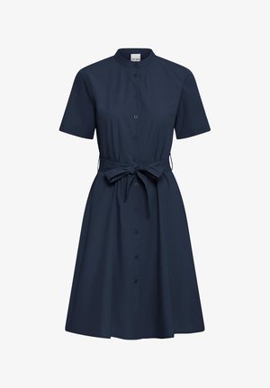 Laivastonsininen lyhythihainen mekko mandariinikauluksella, edessä napit ja sidottava vyötärövyö, polvipituinen ja yksivärinen malli.