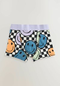Boxer da uomo in tessuto a scacchi bianco e nero con faccine colorate. Tessuto morbido con un elastico violetto chiaro in vita.