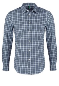 Blå- och vitrutigt skjorta i bomullstyg, knäppning med krage, långa ärmar och en bröstficka. Standard passform med framknäppning.