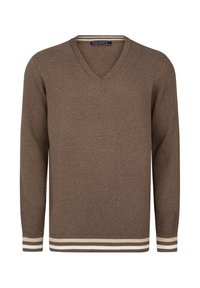 Maglione marrone a collo a V con un motivo testurizzato, caratterizzato da dettagli a righe bianche e beige nei polsini e nell'orlo. Realizzato in materiale lavorato a maglia.