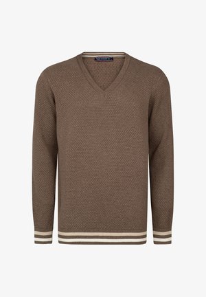 Maglione marrone a collo a V con un motivo testurizzato, caratterizzato da dettagli a righe bianche e beige nei polsini e nell'orlo. Realizzato in materiale lavorato a maglia.