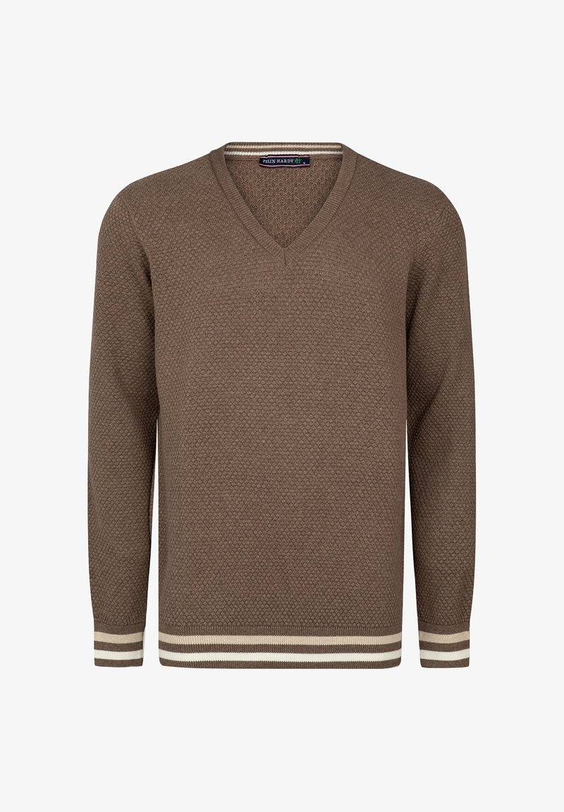 Maglione marrone a collo a V con un motivo testurizzato, caratterizzato da dettagli a righe bianche e beige nei polsini e nell'orlo. Realizzato in materiale lavorato a maglia.