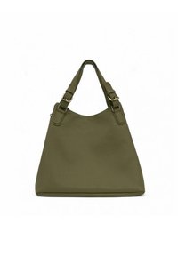 Sac fourre-tout en cuir vert olive avec une finition texturée, doté de deux anses d'épaule avec boucles réglables, et d'une large ouverture pour un accès facile.