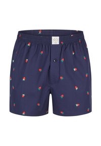Granatowe bokserki z elastycznym pasem, z powtarzającym się wzorem czerwonych truskawek. Zawierają zapięcie na guzik z przodu.