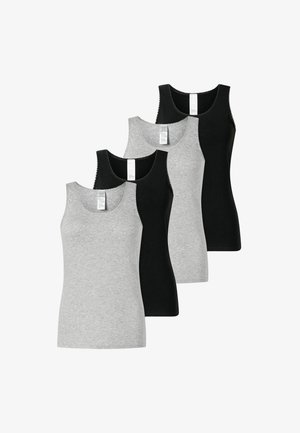 Quatre débardeurs en gris et noir. Les gris ont une texture lisse, tandis que les noirs présentent un tissu légèrement texturé.